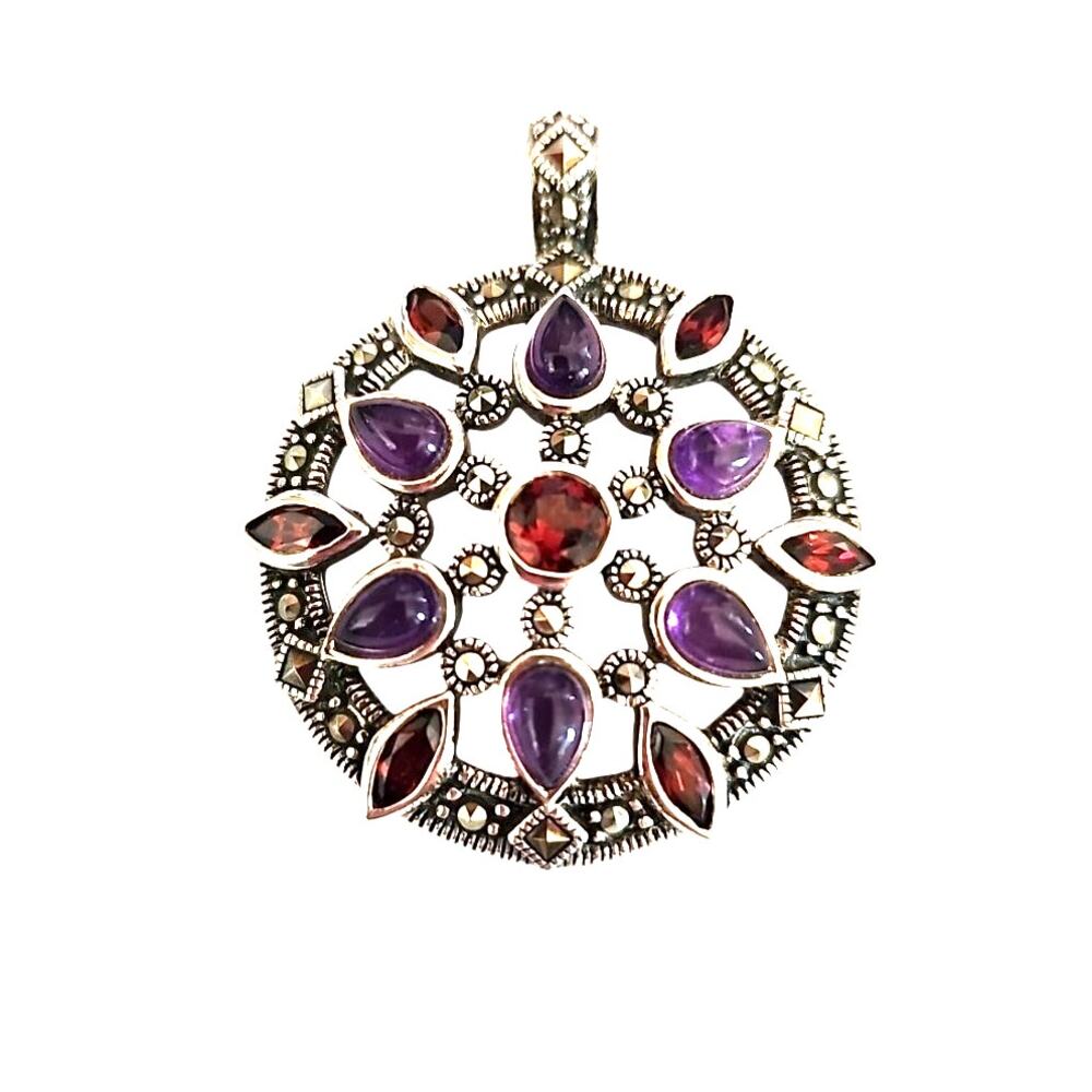 Sterling Silver 925 Garnet Amethyst Cabochon Marcasite Floral Medallion Pendant